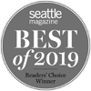 Round logo for "Seattle Magazine Best of 2019," labeled as a Readers' Choice Winner.