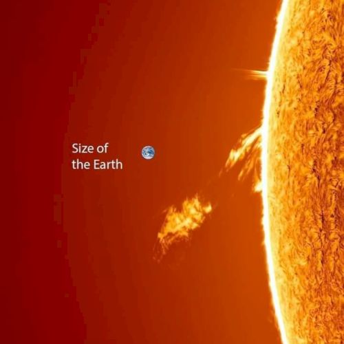 This image shows the Sun with a label indicating the size of the Earth for comparison.